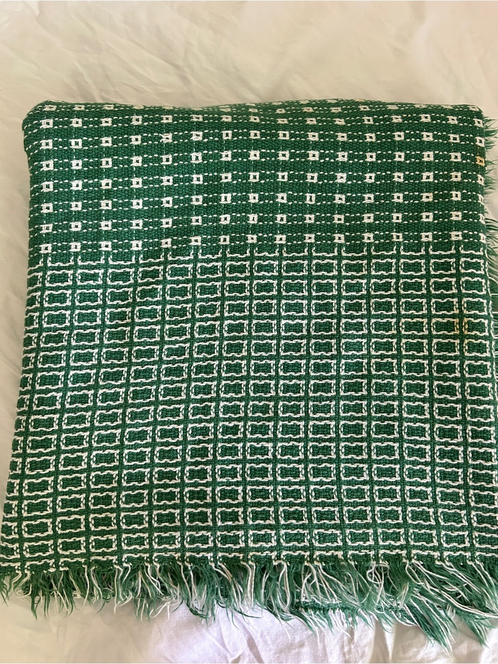 Vintage Tablecloth Appalachian Homespun Emerald Green white Woven fringed MCM